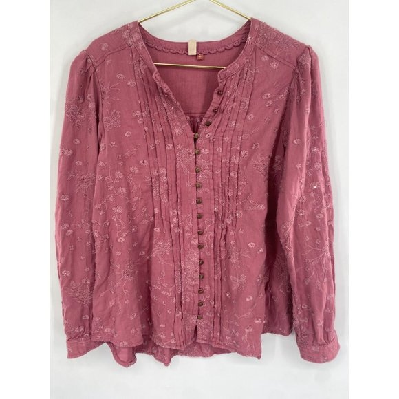 ANTHROPOLOGIE PILCRO BUTTON FRONT EMBROIDERED ROSE PINK XL - Picture 2 of 6